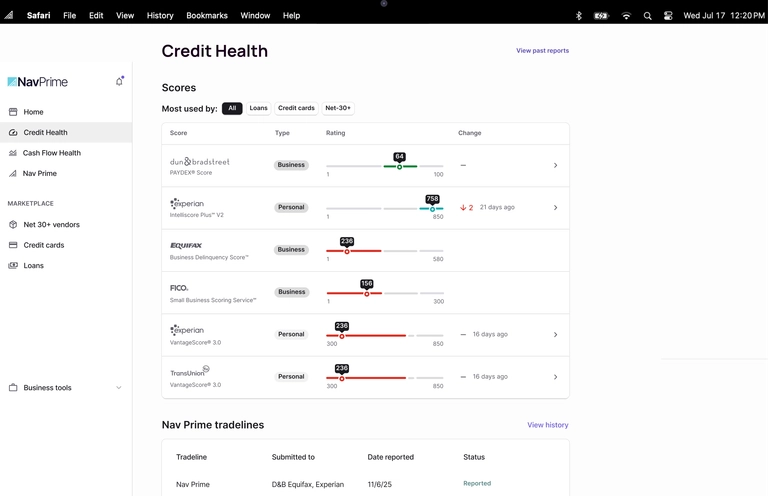 Desktop view of Nav dashboard showing business credit scores and cash flow details
