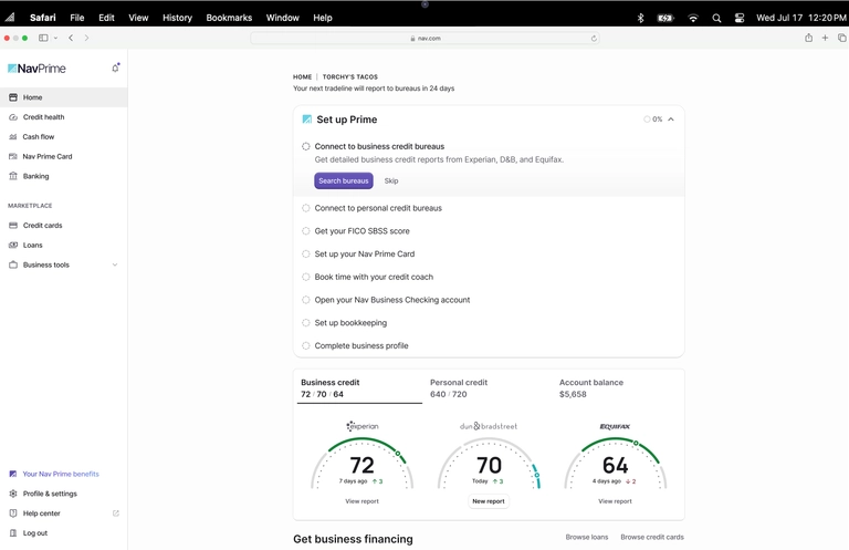Nav Prime desktop dashboard showing setup checklist and business credit scores from Experian, Dun & Bradstreet, and Equifax, along with personal credit and account balance