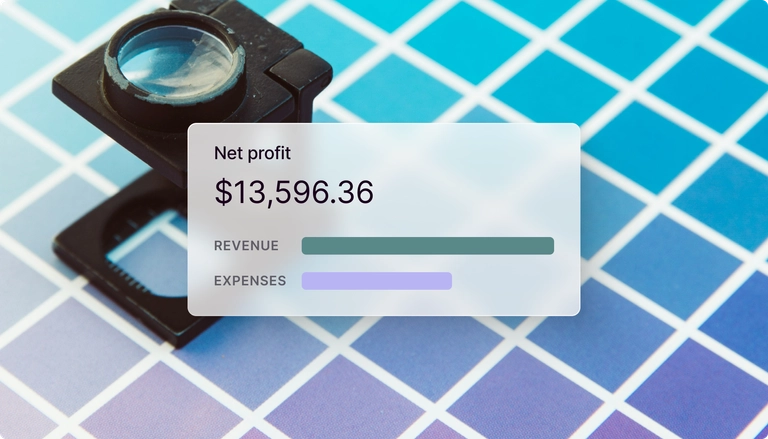 Net profit display of $13,596.36 with revenue and expense bars over a blue gradient grid background
