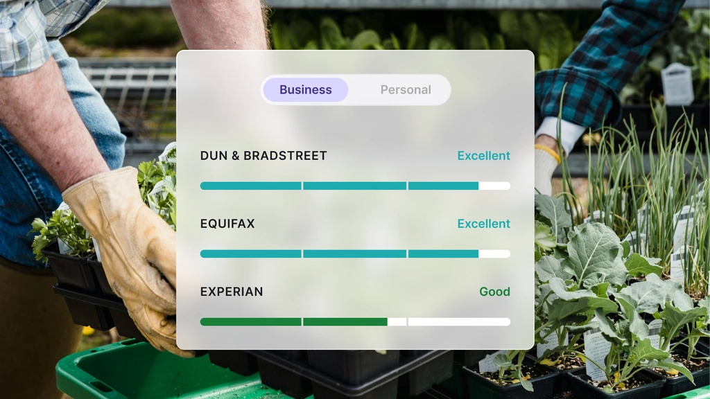Credit report dashboard showing business credit ratings from Dun & Bradstreet, Equifax, and Experian over a background of two people gardening
