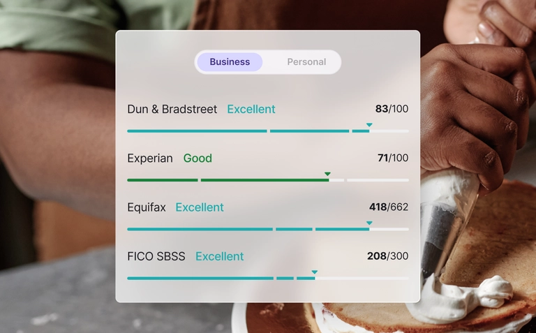 Business credit report dashboard showing Dun & Bradstreet, Experian, Equifax, and FICO SBSS scores with rating levels.