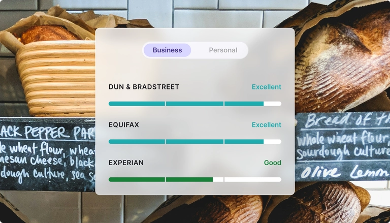 Credit score comparison showing Dun & Bradstreet, Equifax, and Experian ratings, displayed in front of bread