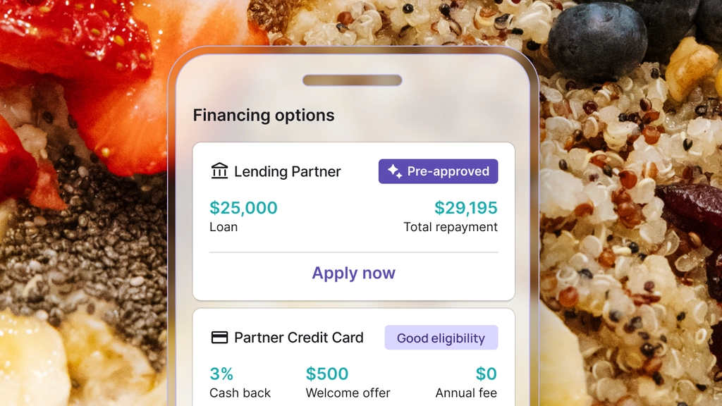 phone ui showing lending partners over a background of granola and fruit