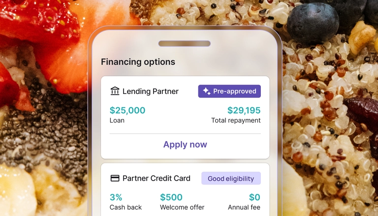 phone ui showing lending partners over a background of granola and fruit