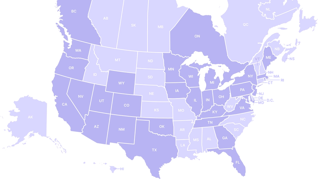 Map of the United States and parts of Canada with state and province abbreviations, showing where Nav employees reside using varying shades of purple
