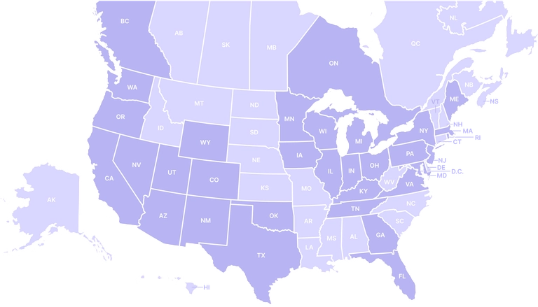Map of the United States and parts of Canada with state and province abbreviations, showing where Nav employees reside using varying shades of purple