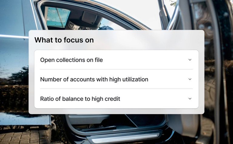 Nav website UI showing "What to focus on" card highlighting collections, utilization, and credit ratio factors.