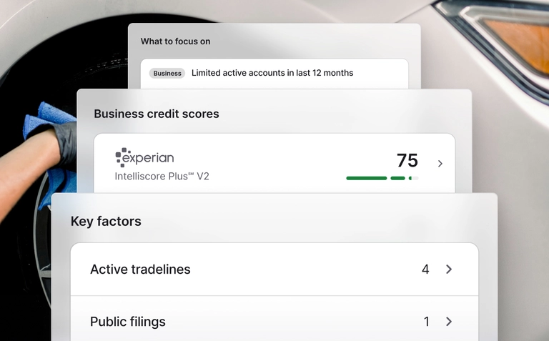 Nav website UI showing Business Credit Scores and Key Factors.