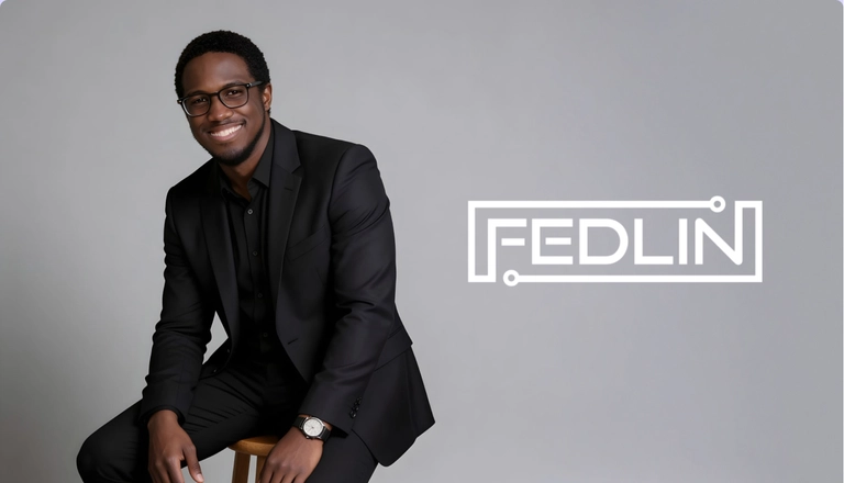Professional portrait of a man in a black suit seated beside the Fedlin logo on a gray background.