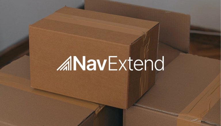 Stacked cardboard shipping boxes with the Nav Extend logo overlay.