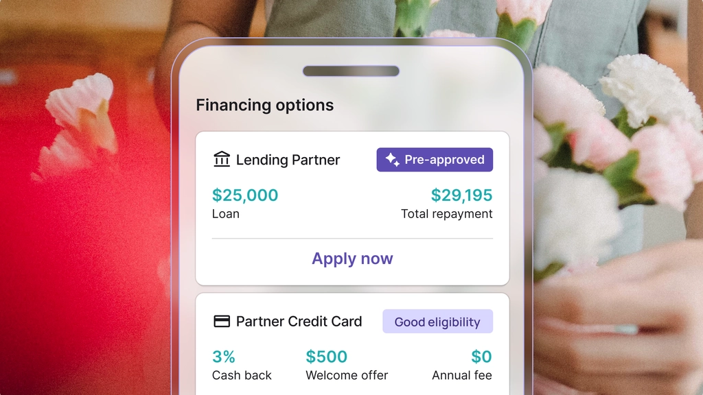 Nav mobile app screen showing business financing options including a $25,000 pre-approved loan and a partner credit card with cashback, welcome offer, and no annual fee          Ask ChatGPT