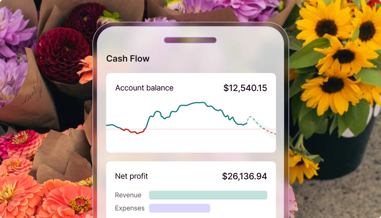 Mobile app screen highlighting cash flow health and net profit