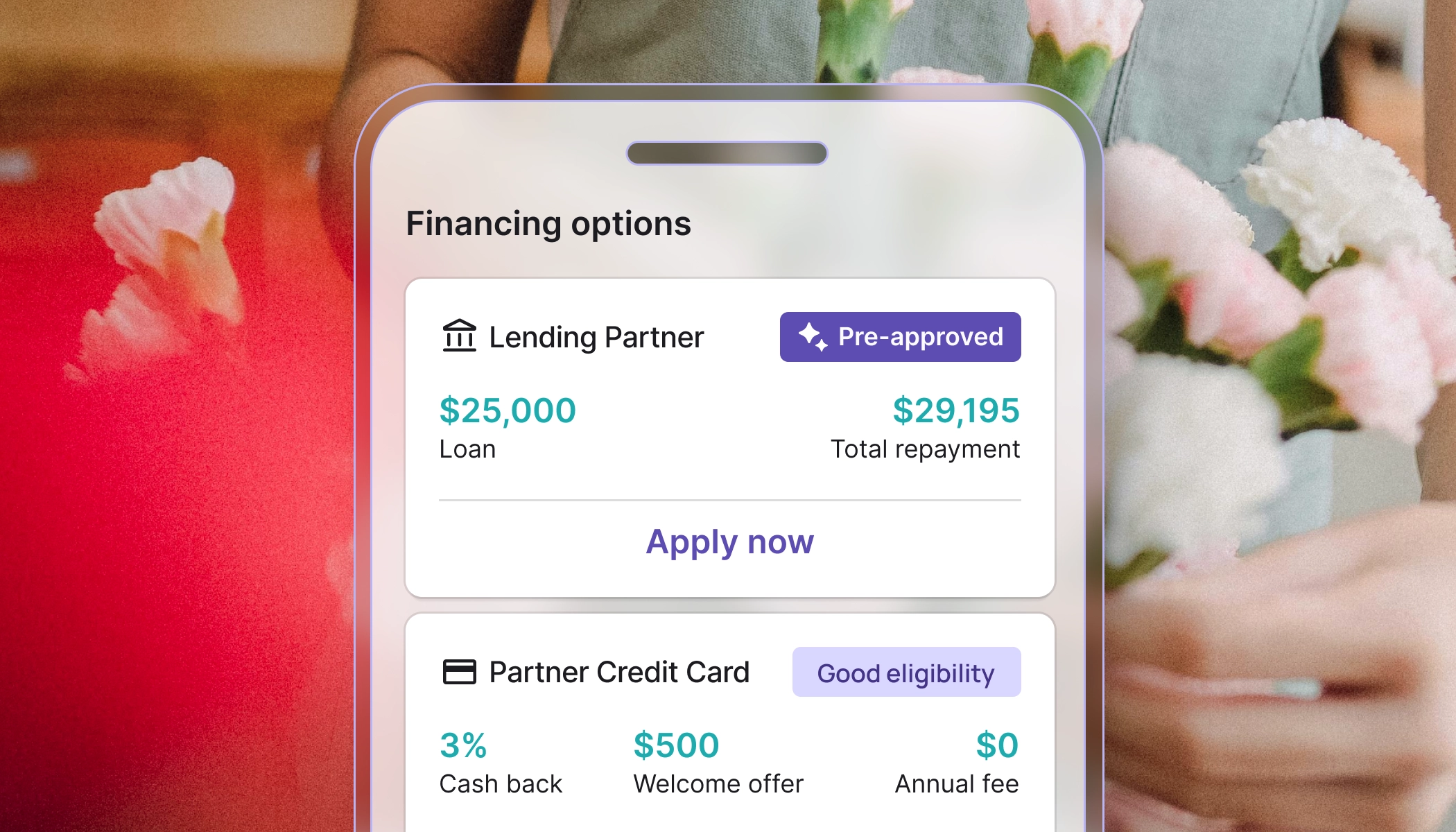 Nav mobile app screen showing pre-approved business loan and credit card financing options, over a floral background