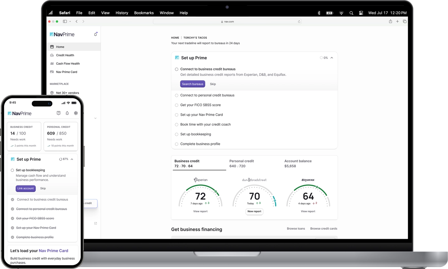 Nav Prime dashboard displayed on laptop and mobile screens showing credit scores, account balance, and business setup progress.
