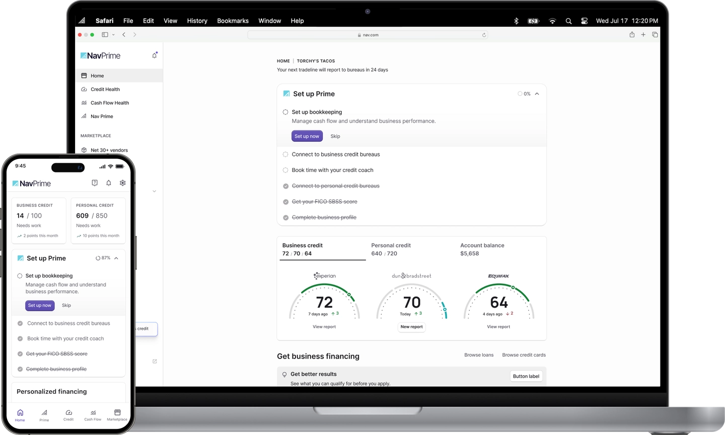 Nav Prime dashboard displayed on laptop and mobile screens showing credit scores, account balance, and business setup progress.