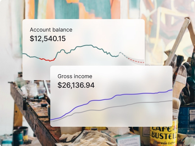 Graphs showing account balance of $12,540.15 and gross income of $26,136.94 over a background of colorful paintings and painting supplies
