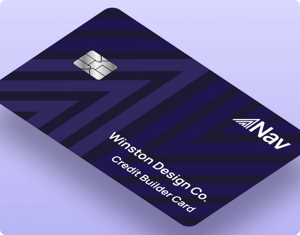 Close-up of Winston Design Co. Credit Builder Card with a purple design and blue background