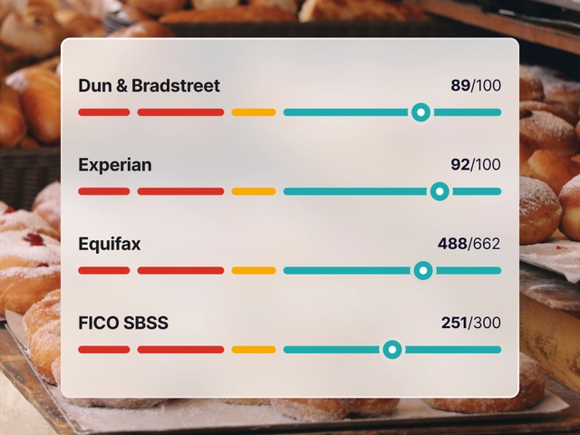 Credit score comparison chart for D&B, Experian, Equifax, and FICO SBSS over a background of pastries