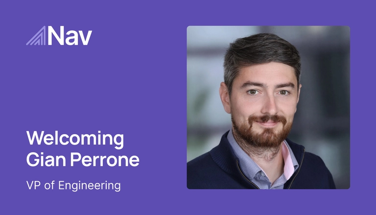 Nav welcome graphic introducing Gian Perrone as VP of Engineering, featuring his portrait on a purple background