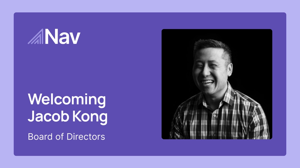 Nav announcement graphic welcoming Jacob Kong to the Board of Directors, with his black-and-white portrait