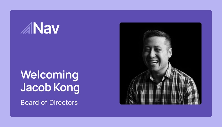 Nav announcement graphic welcoming Jacob Kong to the Board of Directors, with his black-and-white portrait