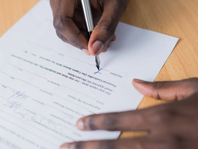 Person signing a document on a wooden desk with a pen.