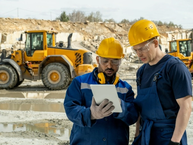 Two workers in hardhats go over an equipment financing line of credit offer