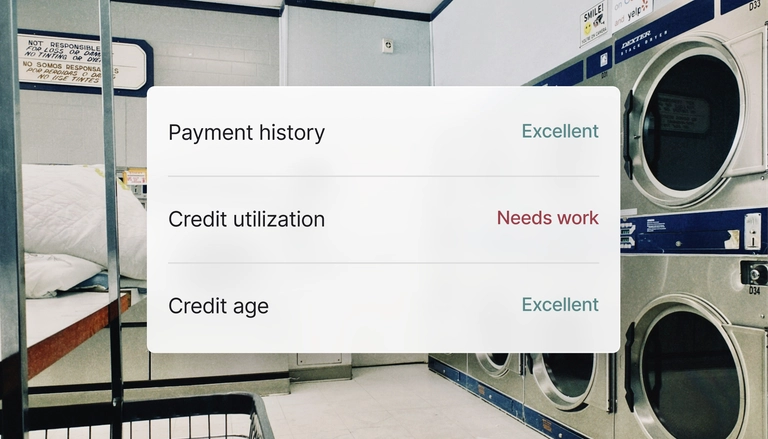 Credit health summary showing payment history as Excellent, credit utilization as Needs work, and credit age as Excellent over a background of a laundromat with industrial washers