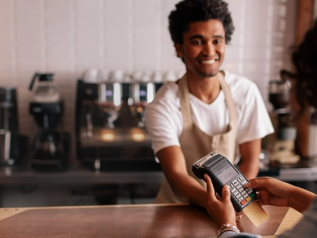 A young business owner accepts a credit card payment on a POS provided by a credit card processing company.